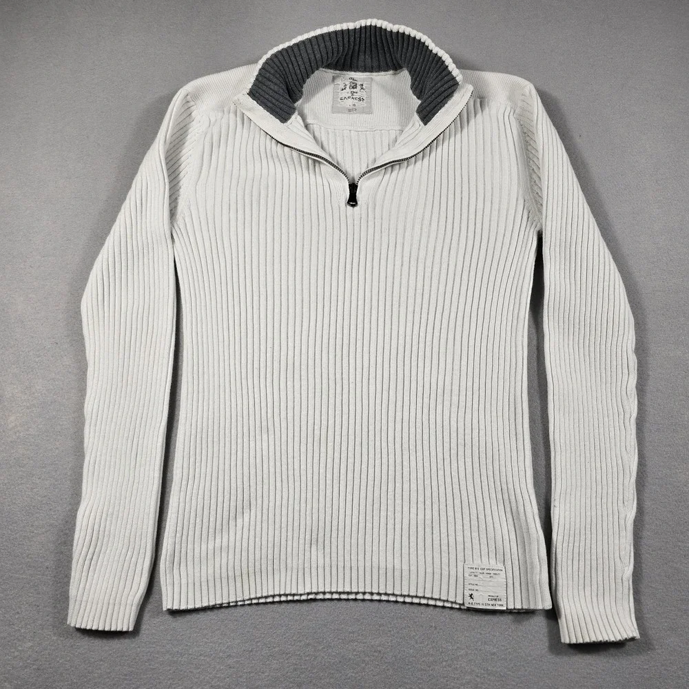Express Mens L White Sweater Quarter Zip Ribbed Cotton‎ Type 8-0 Military Style